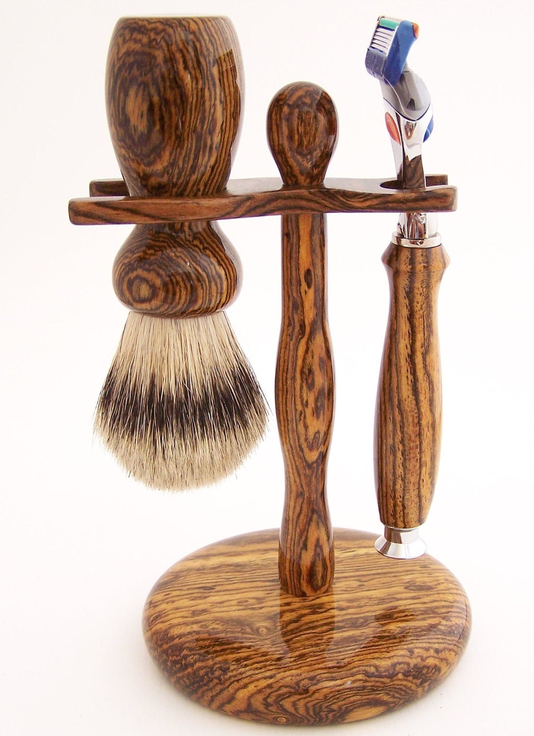 Bocote Wood 24mm Silvertip Badger Brush, Fusion Razor and Stand Shaving Set (Handmade in USA)
