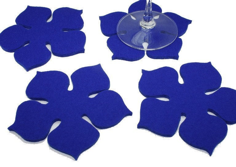 Flower Power Felt Coasters in 5MM Thick Virgin Merino Wool Felt- Royal Blue