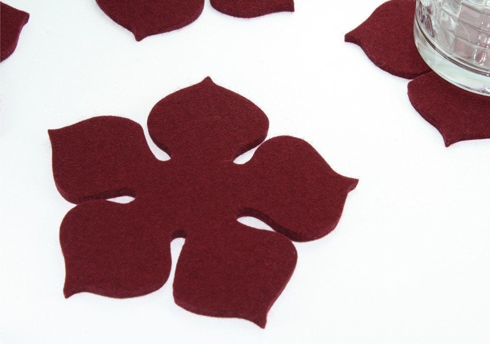 Poinsettia Felt Coasters in 5MM Thick Virgin Merino Wool Felt- BORDEAUX