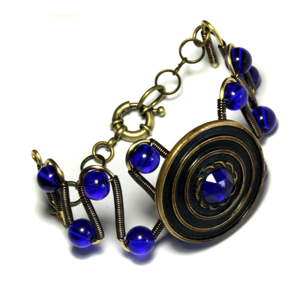 Bracelet - Victorian Era Antique button with blue faceted glass jewel Circa 1900s