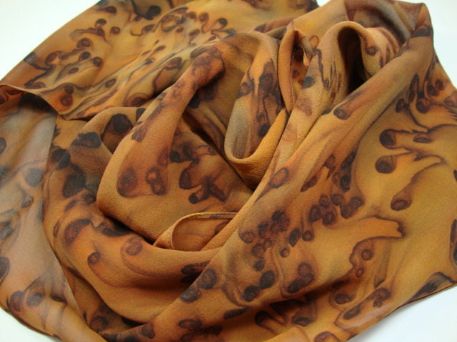 Wild Animal Print Brown Rust Black Hand Dyed Chiffon Silk Scarf Light Airy Summer