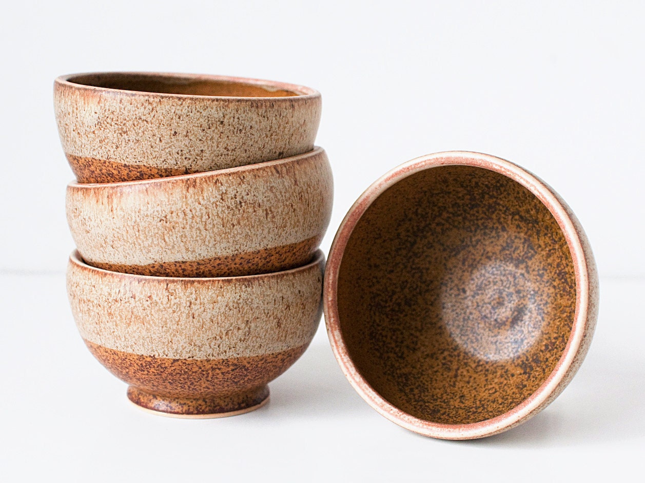 Set of Four, Stoneware Bowls, Speckled Cream and Rusted Red