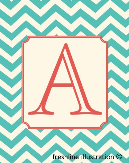 Monogram Letter Art - Turquoise and Coral - 8x10 Art Print