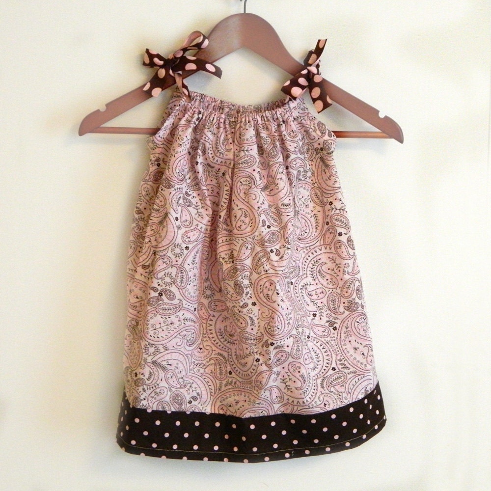 Pillowcase Dress - Pink Paisley & Brown Dot - made to order 12 - 24 months - 5
