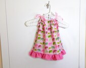 Baby Pillowcase Dress - Pink & Green Elephants -  12 months ready to ship