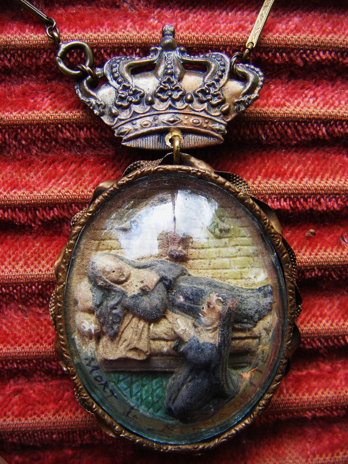 Antique meerschaum French saint necklace carved religious domed glass ex voto reliquary antique assemblage one of a kind