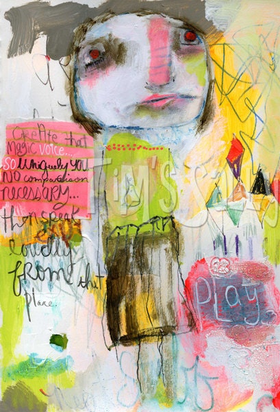 child-like, raw art - MAGIC VOICE - mixed media journal print by tims sally