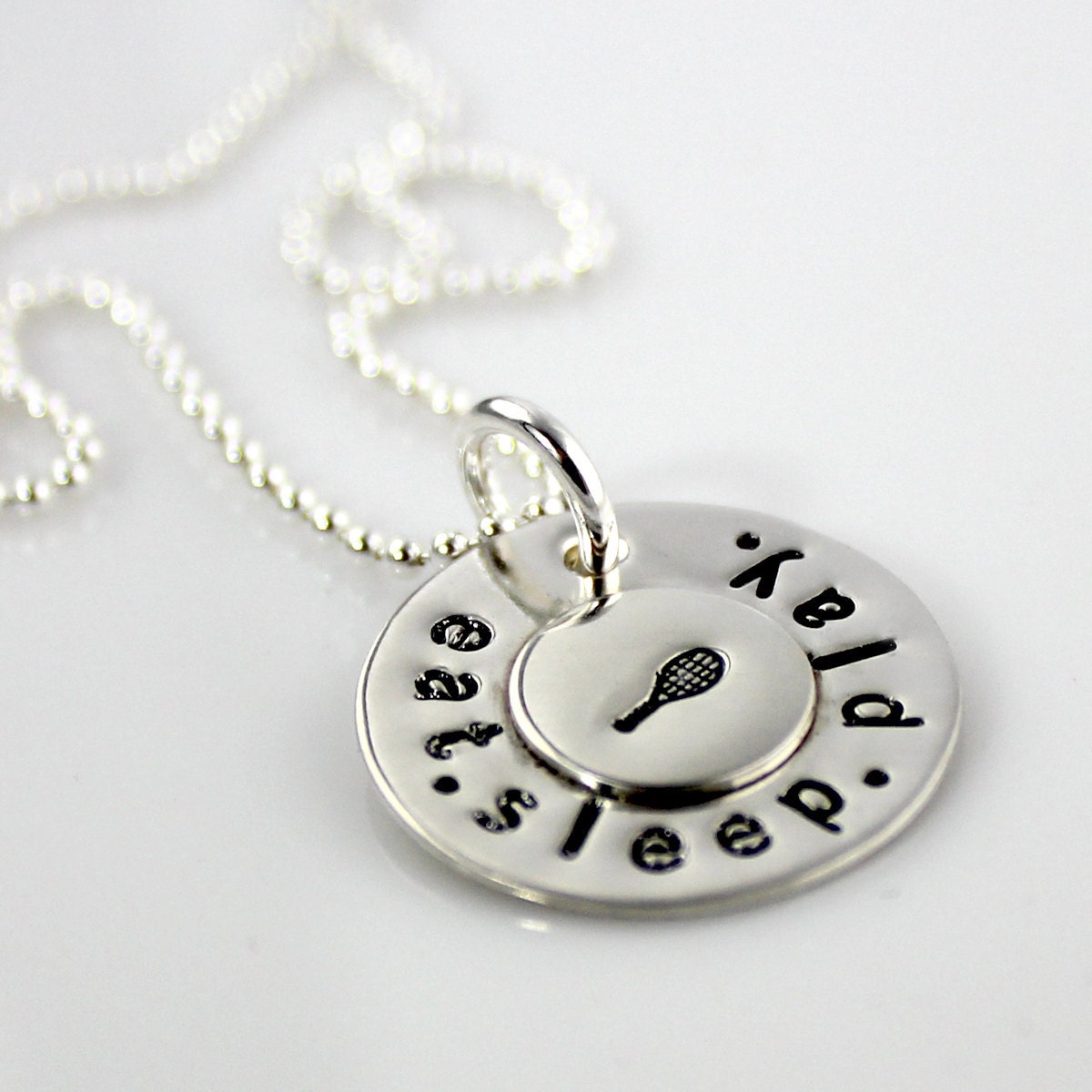 Eat. Sleep. Play. Tennis hand stamped sterling silver necklace