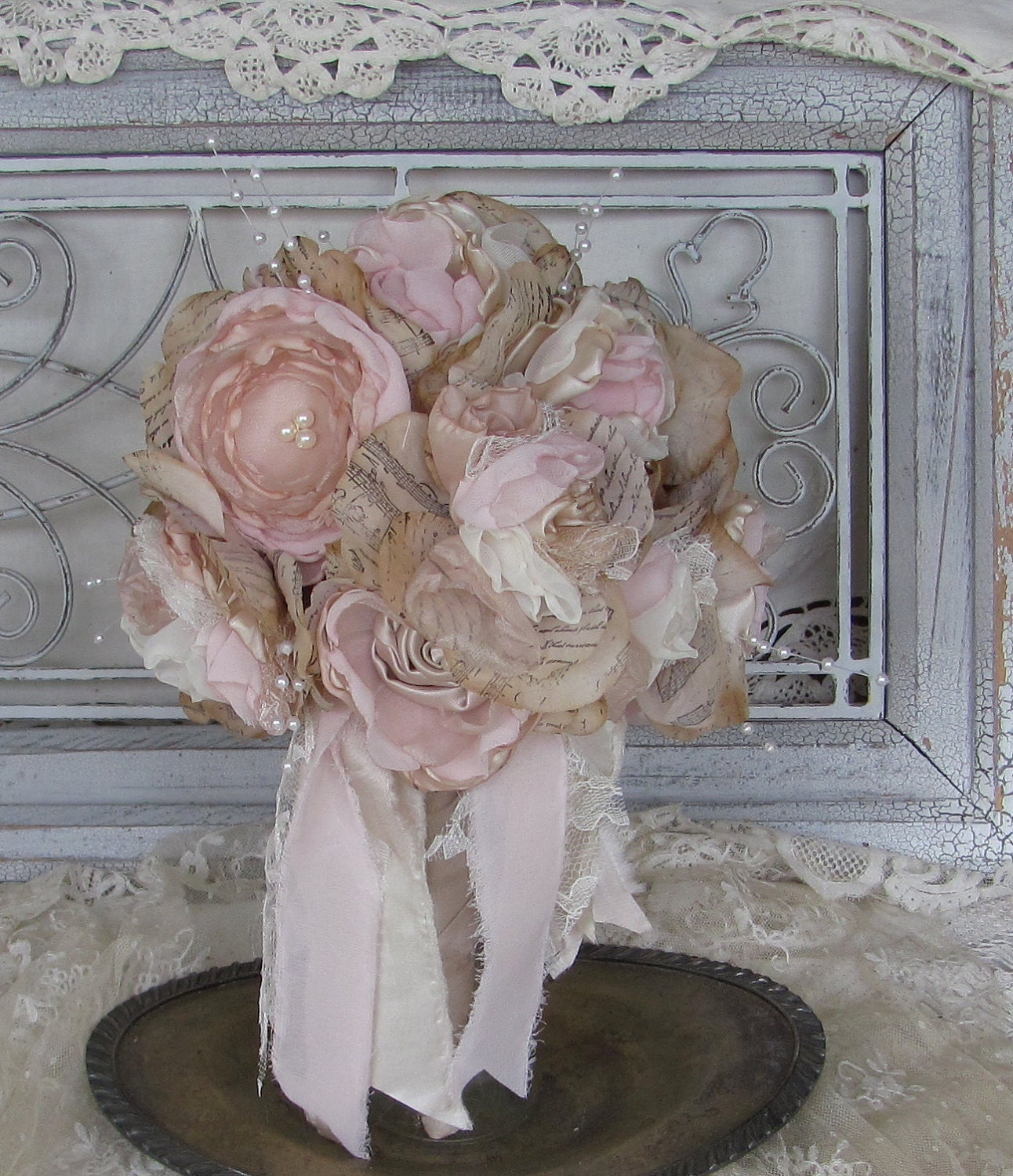Bridal  Bouquet Vintage Inspired Ivory Pink and Champagne Custom Order any color