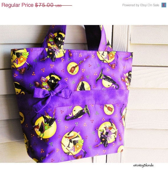 Super Big Knitting Tote Bag Witches Crows Bats & Cats Halloween Print Purple Black Orange Yellow - Perfect Handbag Knitting Tote Combo by KnitzyBlonde