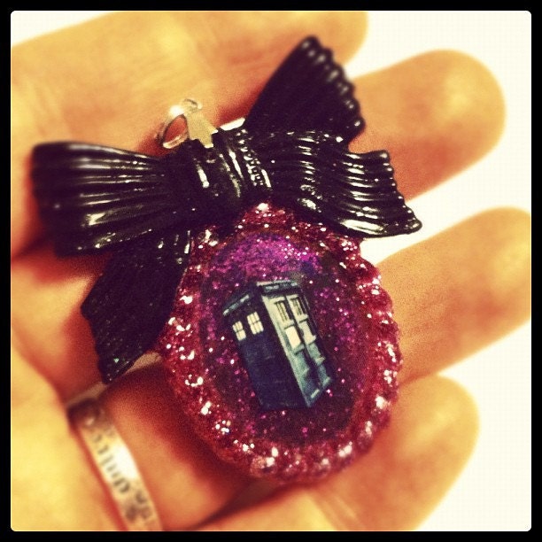CLEARANCE Sale Doctor Who Inspired TARDIS Resin Pendant, Black  & Pink Glitter