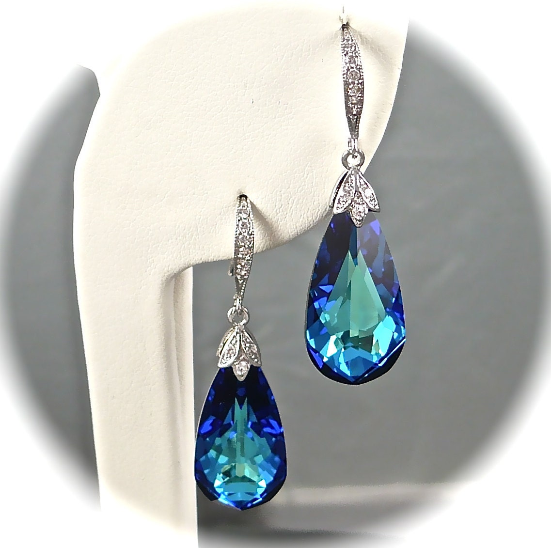 Crystal Bridal Earrings, Bermuda Blue Earrings, Swarovski Crystal Earrings, Teardrop and CZ Sterling Silver Vintage Style Wedding Jewelry - AzureTreasures