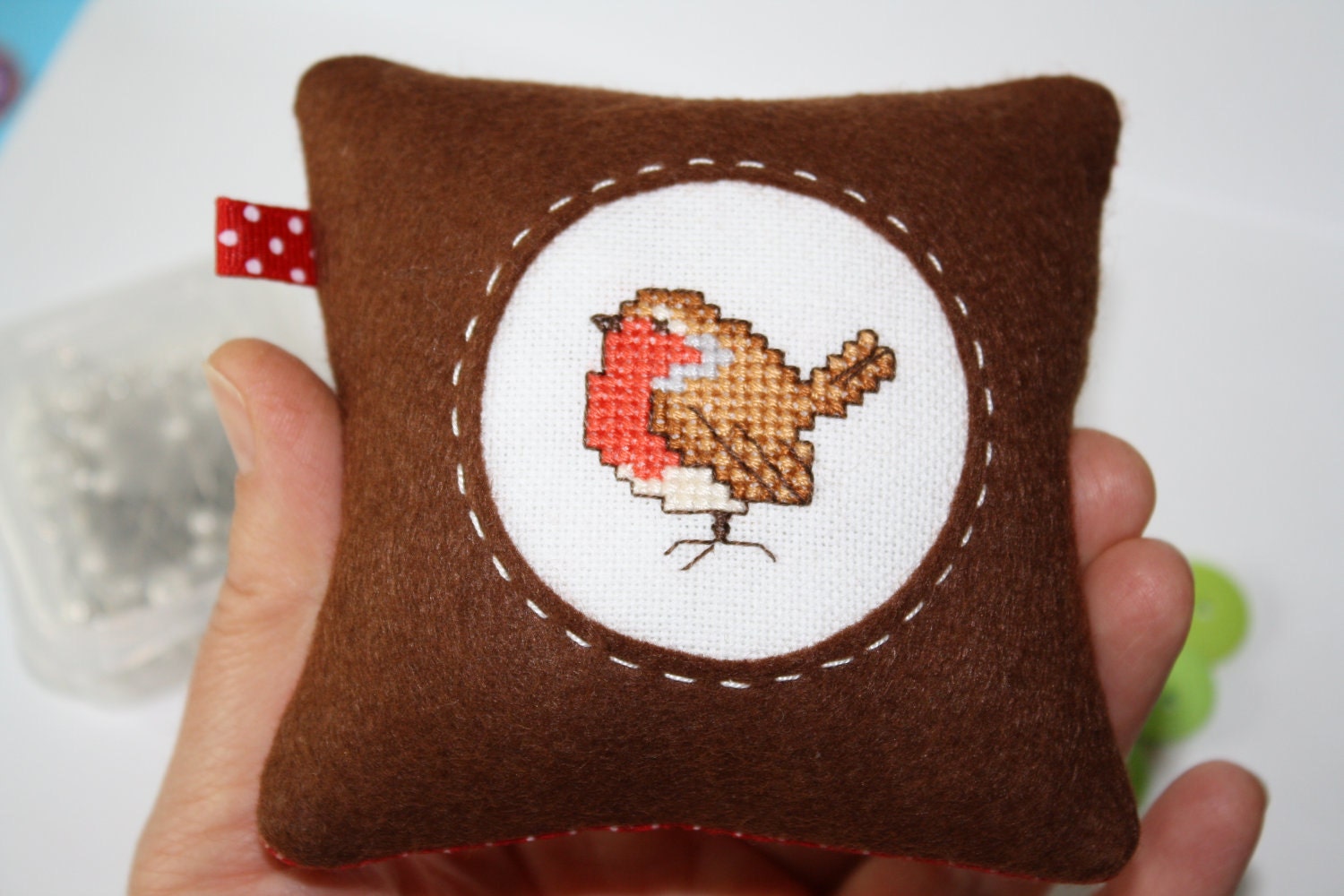 ROBIN Cross Stitch Felt and Fabric Pincushion