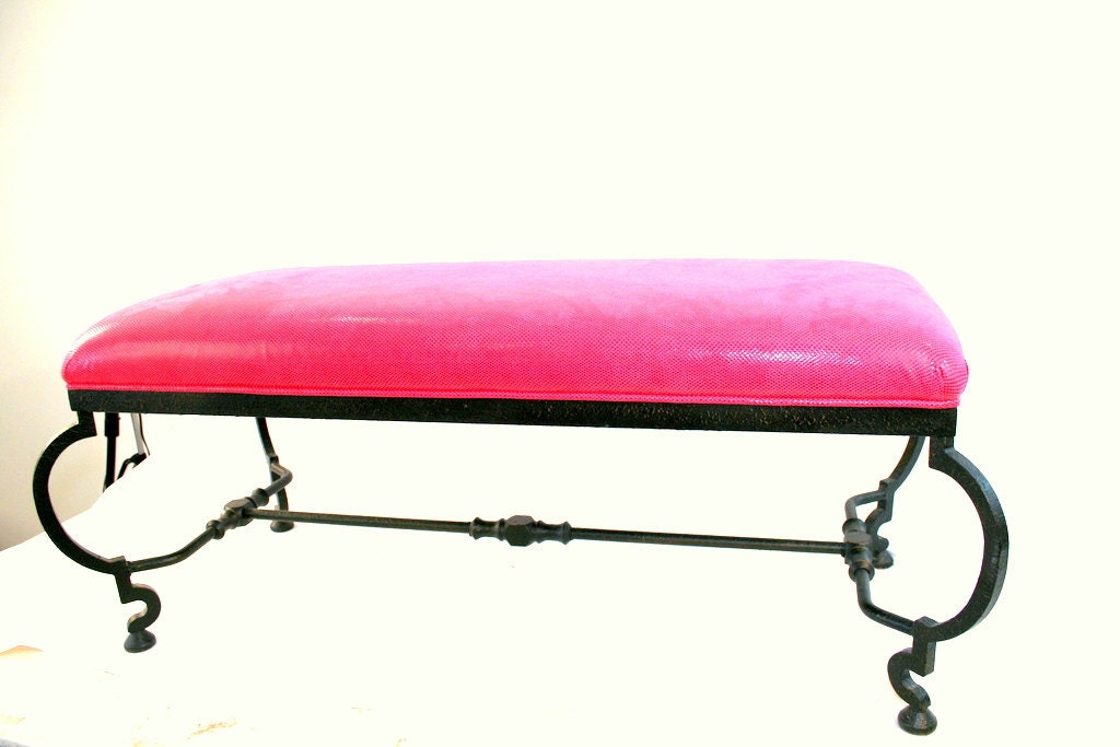 Vintage Wrought Iron Bench With Hot Pink Snakeskin Upholstery - ThePaintedOx