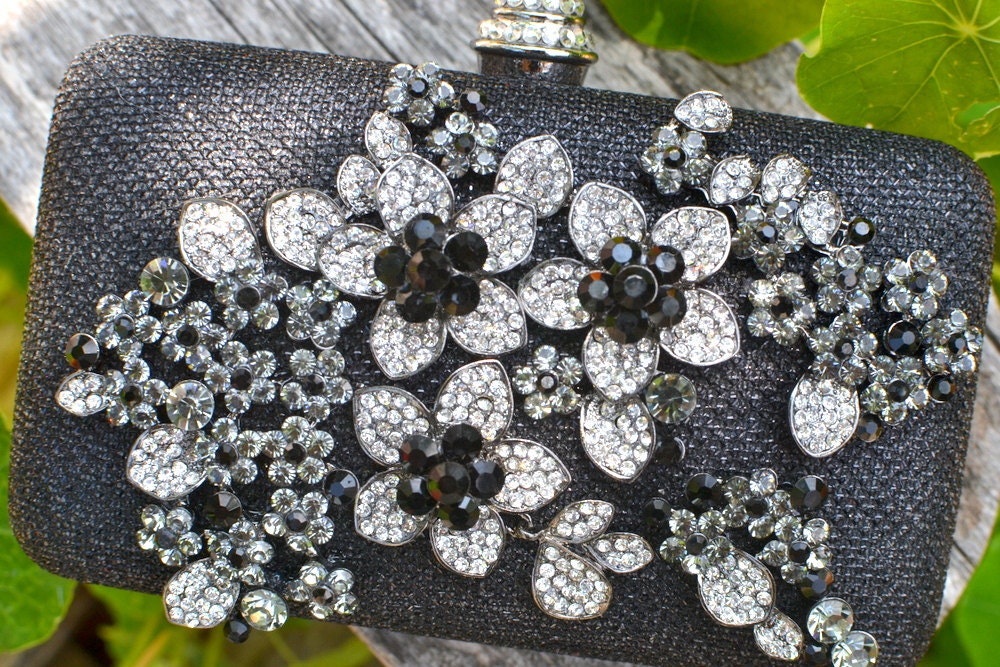 Black and white crystal flower clutch -- ready to ship bridal purse