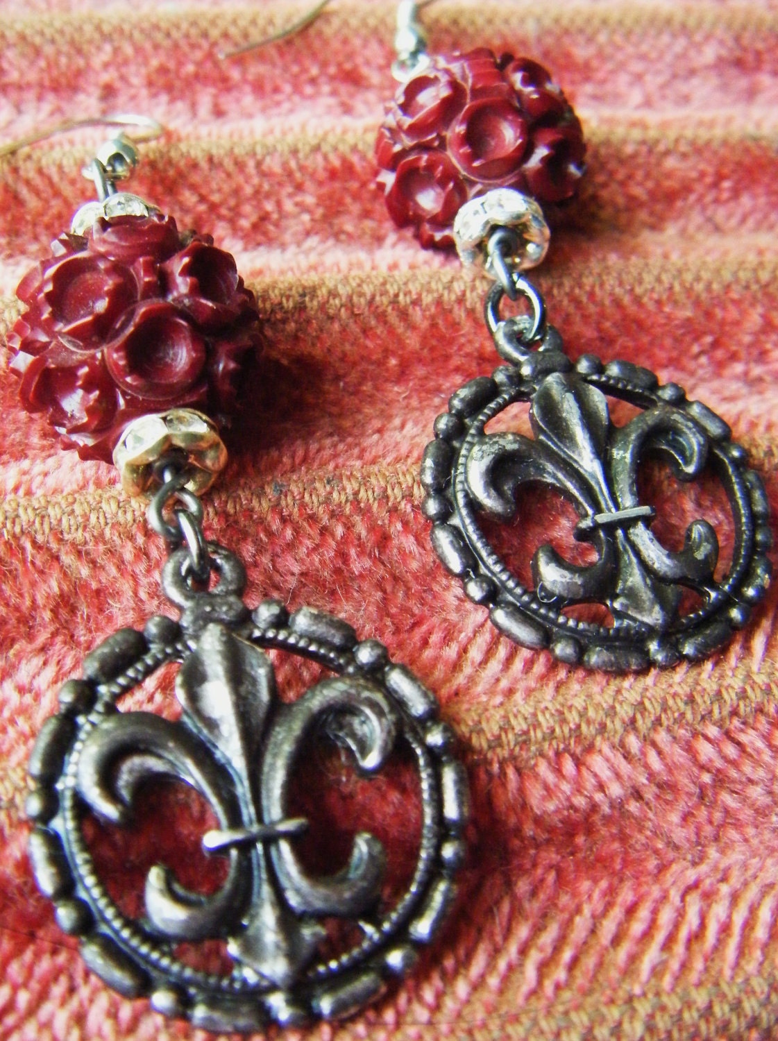 Religious earrings fleur de lis filigree medals carved rosary beads rhinestone one of a kind vintage assemblage