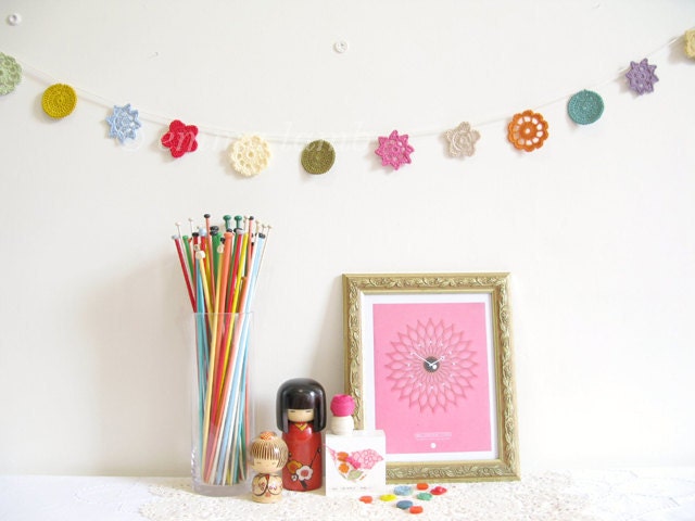 folk flowers, crochet garland... Freda - multi-colored brights ...Ready to ship