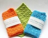 3 dishcloths crocheted in tangerine orange - teal blue - lime green 100 percent cotton yarn eco friendly