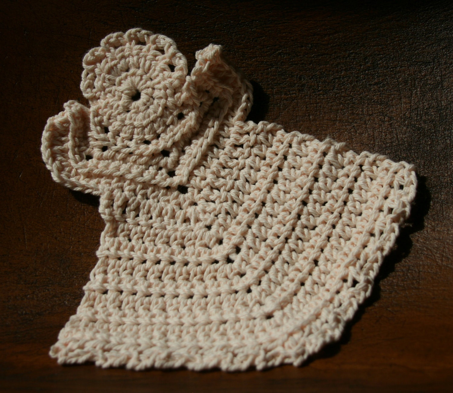 Angel doily or  dishcloth crocheted in cream or off white 100 percent cotton yarn eco friendly and green