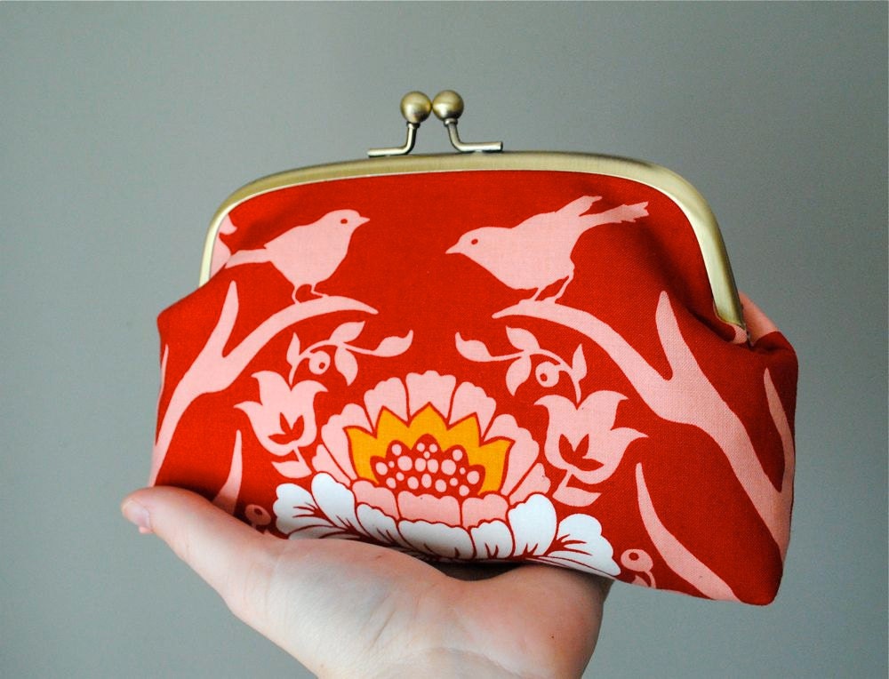 Frame Clutch in Red Floral Forest - Faux Bois Edition - Bronze Frame