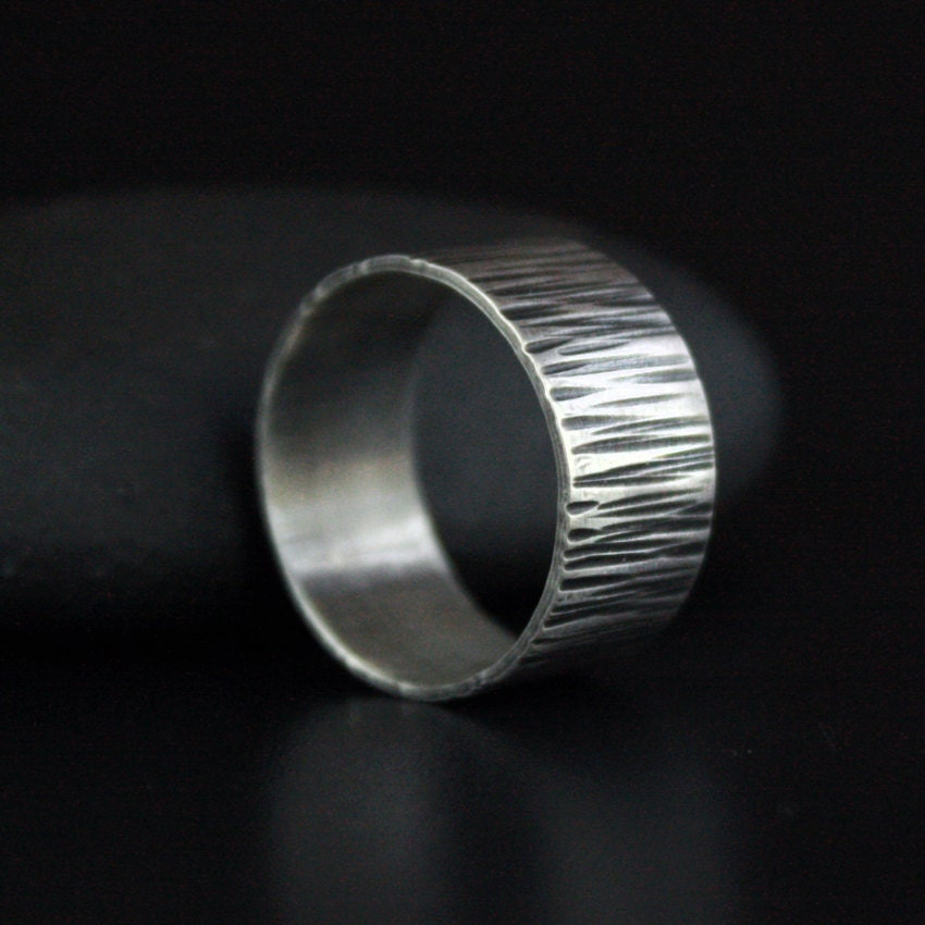 Silver Wide Band Ring, Recycled Sterling, Wood Grain Texture - FREE Shipping