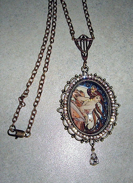 Mucha Lady In A Bubble Cameo Pendant Necklace NEW OOAK By Caroline Erbsland