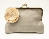 Ivory Wedding Clutch - Tan Linen,  Ivory Flower with Swarovski Crystals