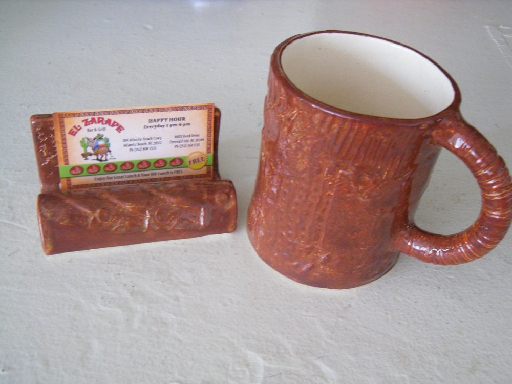 brown and green, business card holder and mug, office set, co worker gift, earthenware pottery