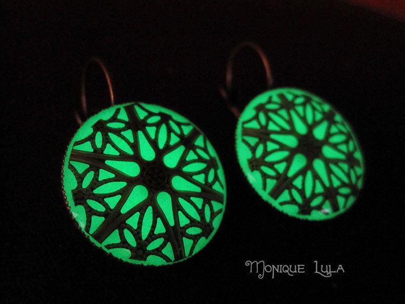 Green Glow in the Dark Antiqued Brass Filigree Earrings