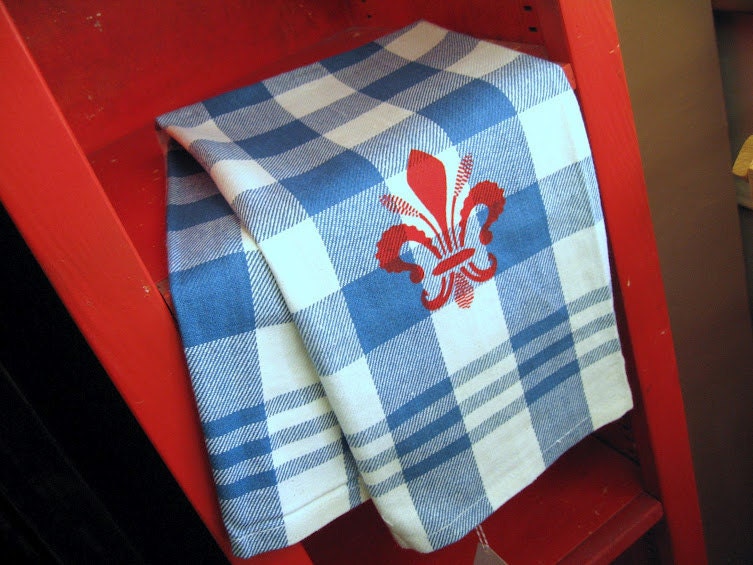 Fleur de Lis Blue Check Farmhouse Towel