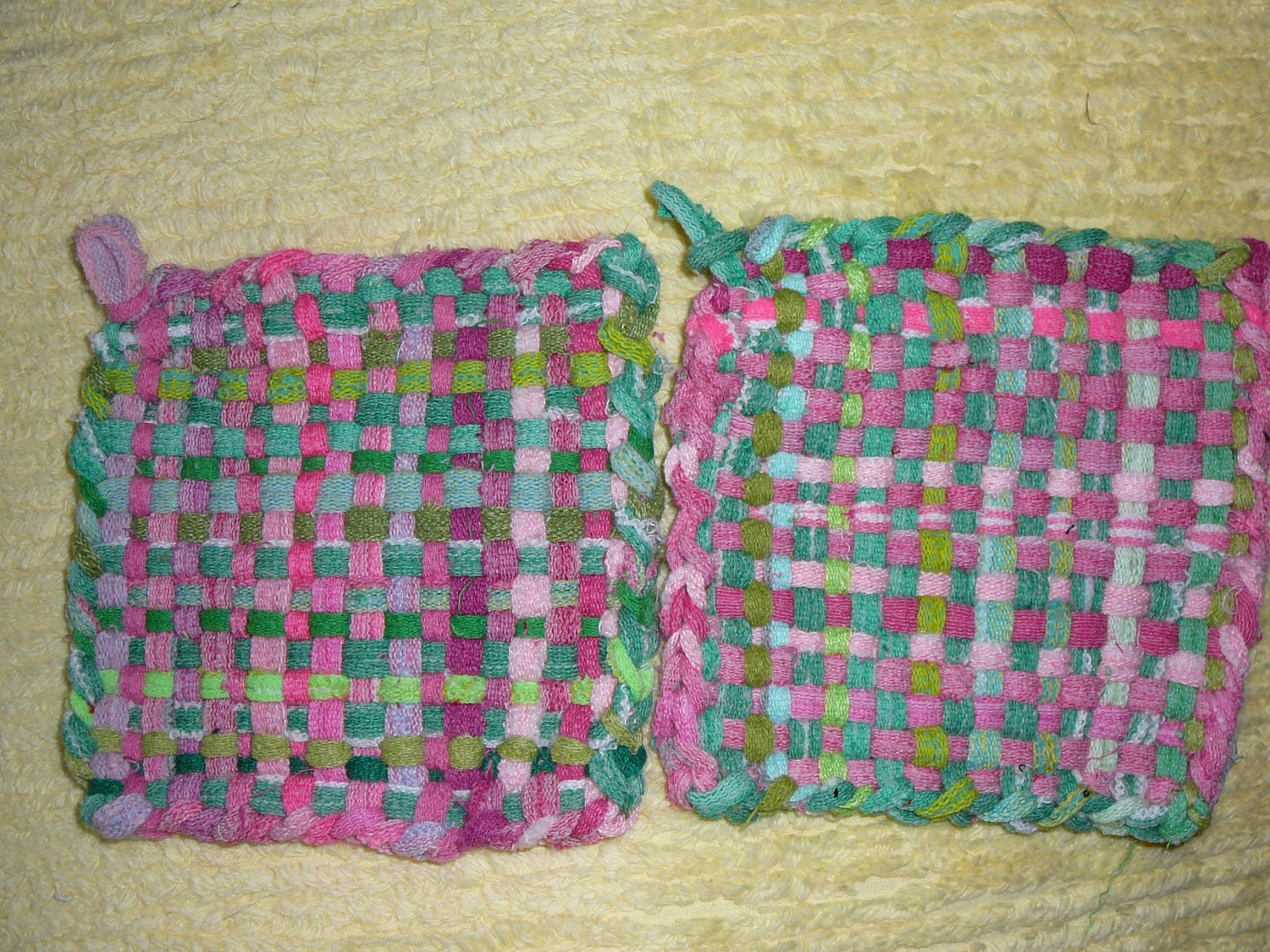 Handwoven Looper Potholders --- Pinks & Greens --- Set of Two