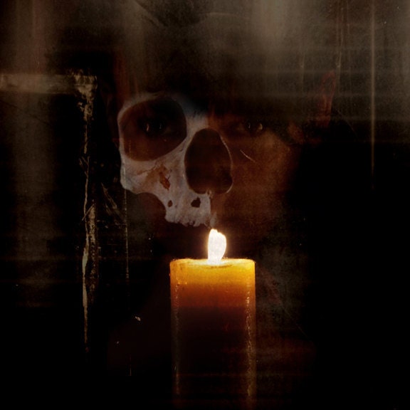 Surreal Macabre Decor, dark skull, golden candle, 8x8 Fine Art Photography Print, Dark Art Photo