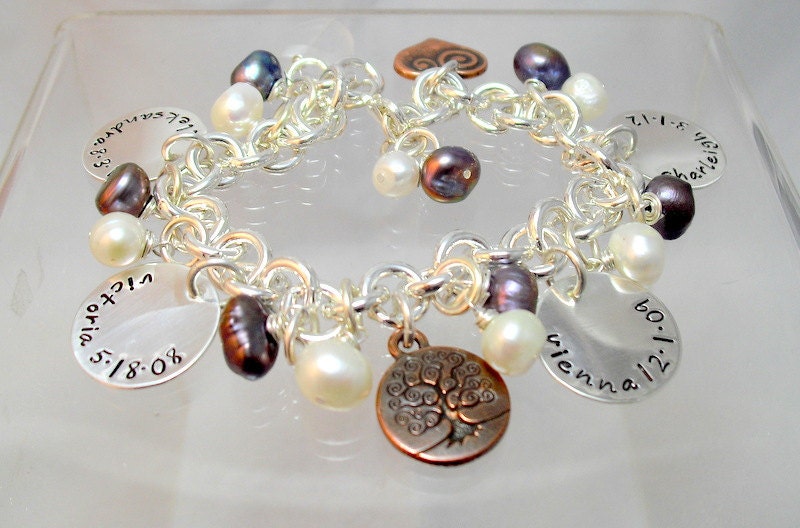 Four Sterling silver Disc Bracelet - Personalized Bracelet HandStamped - Initials- Monogrammed Bracelet - Tree of Life - Charm Bracelet
