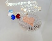 Nana - Sterling Silver disc - Bicone Birthstones- Soldered small Artsy heart - Handstamped Mommy Necklace - Custom handstamped necklace