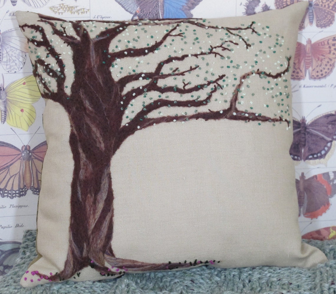 Tree Pillow, Handmade Fiber Art, throw pillow, cushion, needle felt, decorative pillow, wool and linen