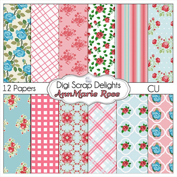 Digital Scrapbooking: Ann Marie - Vintage Rose Digital Papers (Cath Kidson, Shabby Chic Style) Buy 2 Get 1 Free Special .