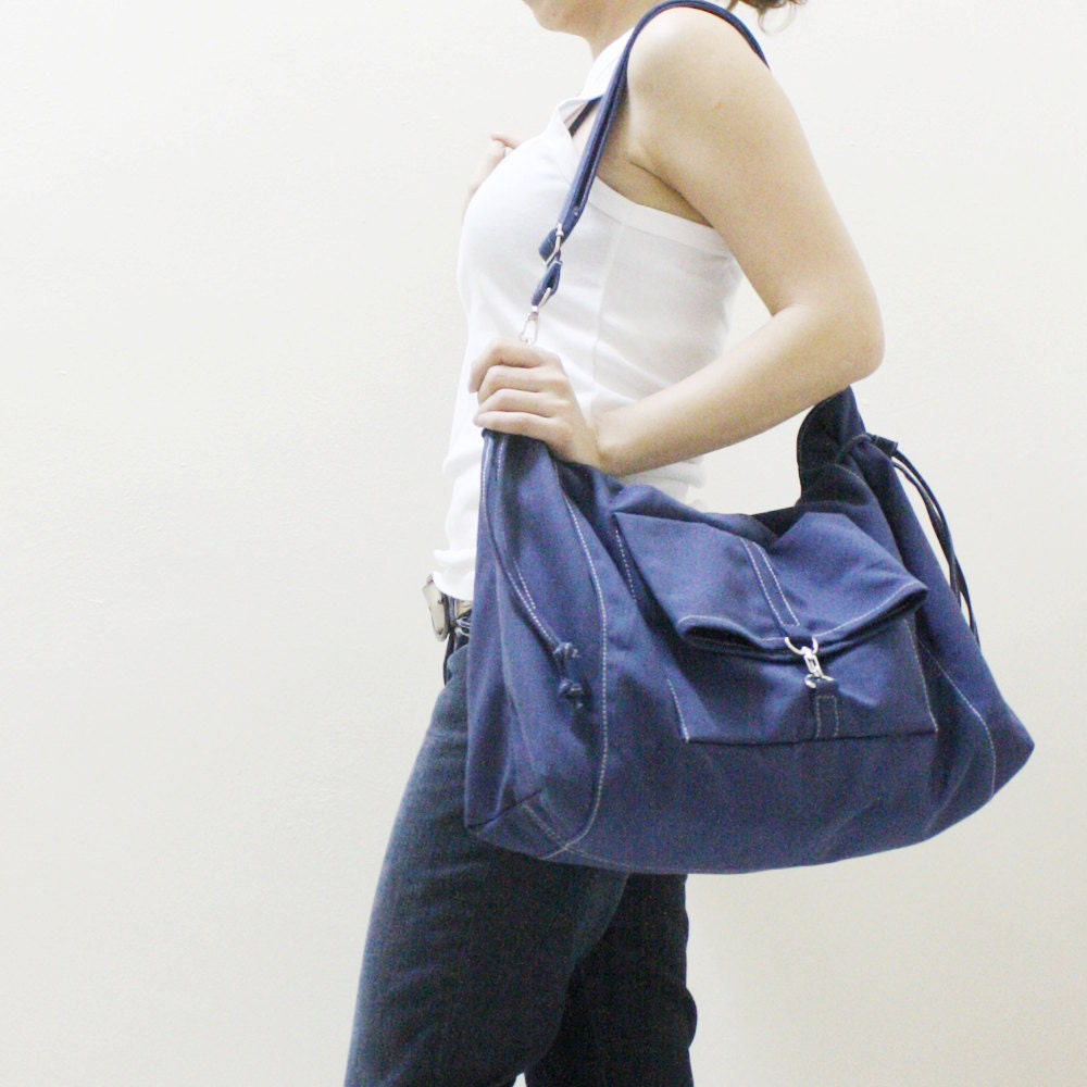 EZ Canvas Bag in Navy Blue-Double Strap Shoulder Bag / Tote / Cross Body Messenger