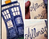Small Phone Pouch, Doctor Who Inspired TARDIS Art by Bohemian Bear with Custom Wording