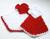 Vintage Inspired Dishcloth Angel gift set doily crocheted in red and white 100 percent cotton yarn eco friendly