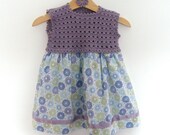 Unique vintage style girls dress (3-6 months) - hand crochet and cotton fabric with co-ordinating ribbon