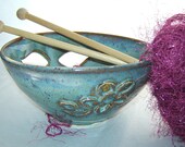 Blue Flower Ceramic Knitting Yarn Bowl and Holder With Floral Leaf Design