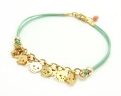 Tiny Skull Bracelet - Pastel Mint Leather W/ Tiny Gold Plated Skulls - Coral faceted pendant - minifabo