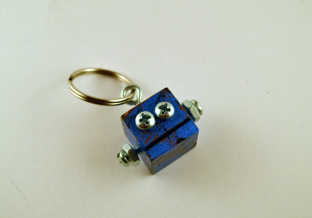 Robot Key Ring, Functional Art, Rusted blue