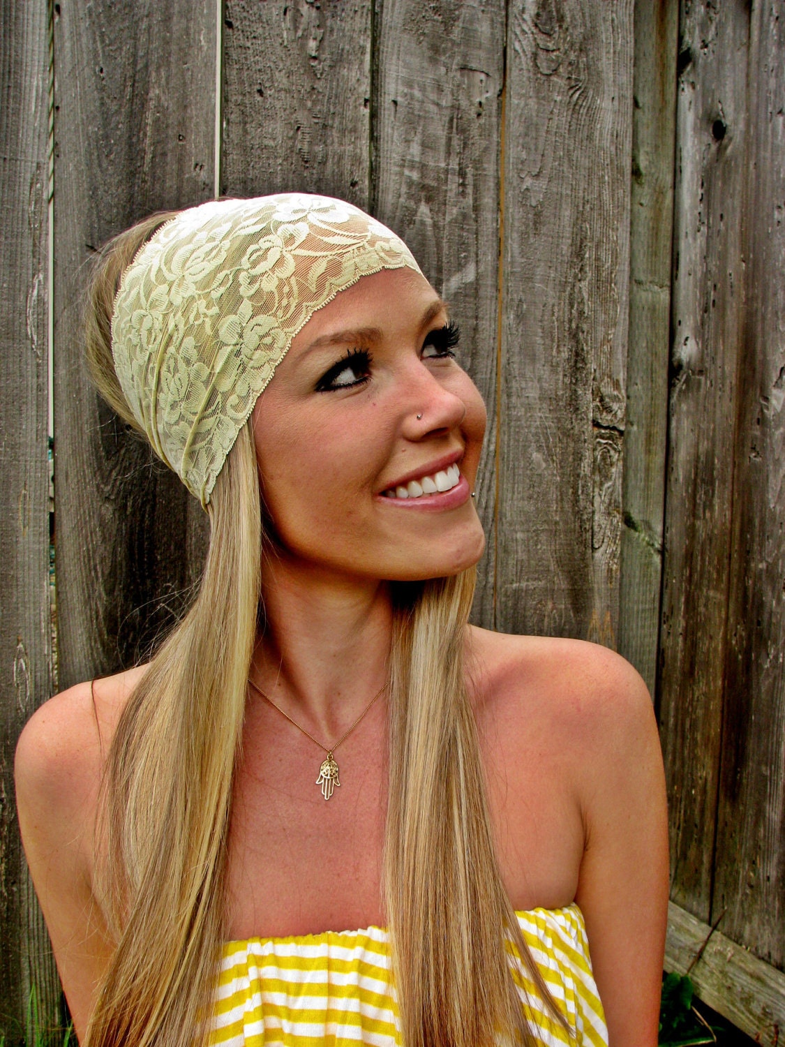 Wide Stretch Lace Headband in Soft Pale Yellow (Pastel Yellow)