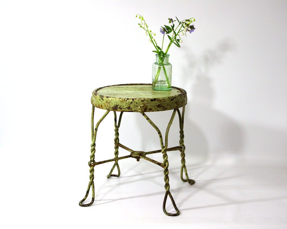 Vintage Metal & Wood Stool, Mint Green, Rustic, Chippy