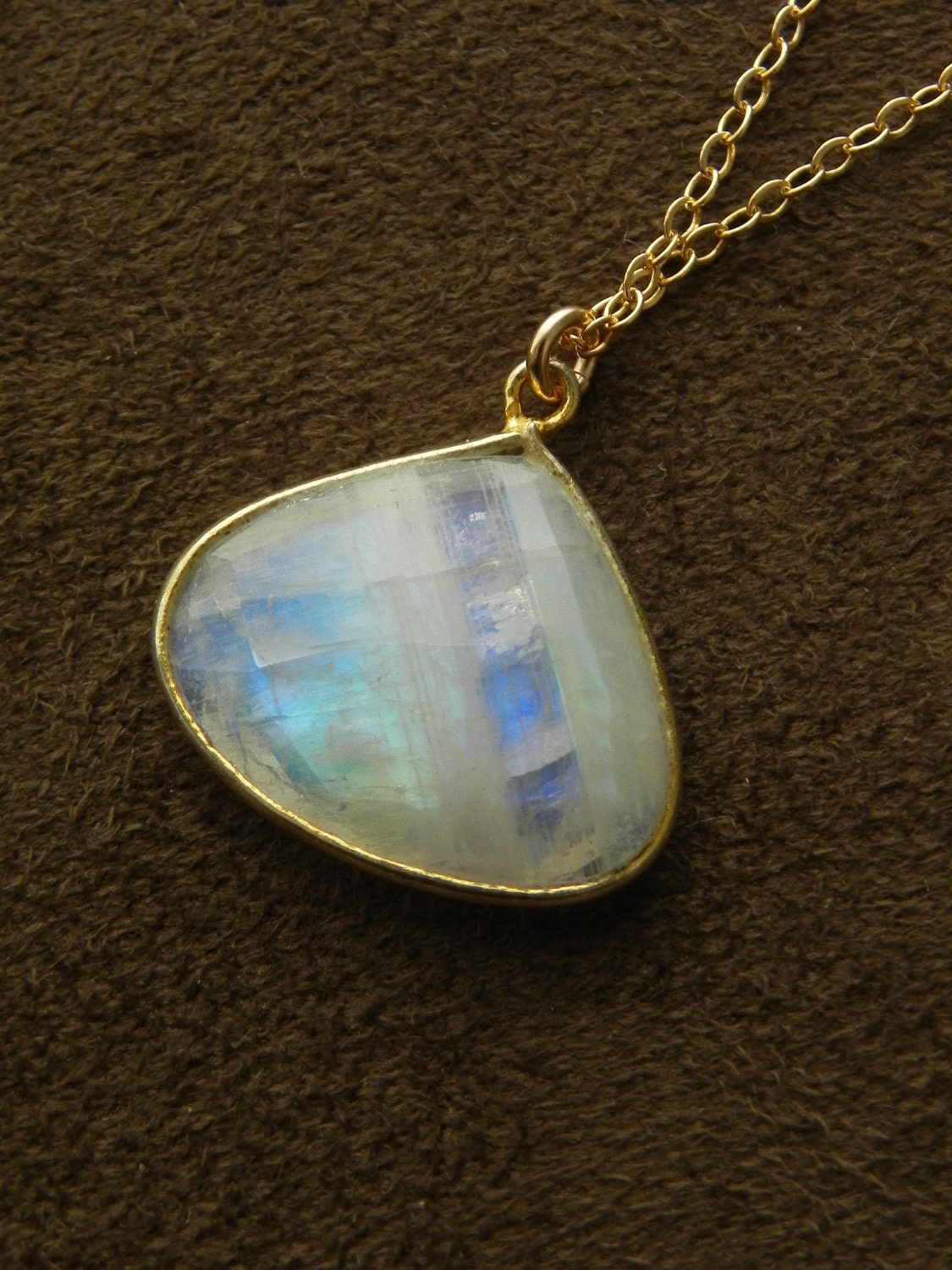 SALE Large Faceted Rainbow Moonstone and Gold Filled Pendant Necklace
