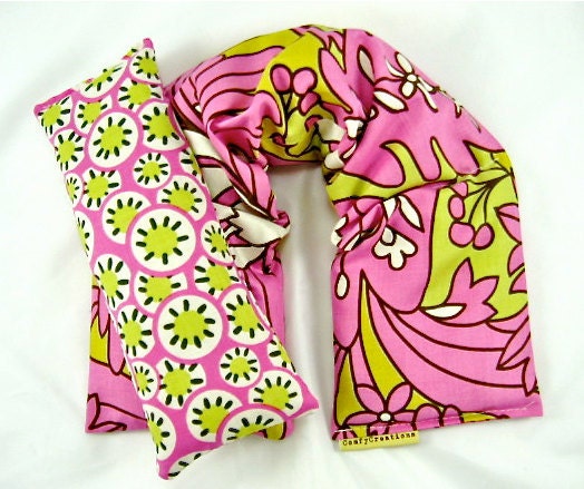 Herbal Neck Heat Wrap Eye Pillow Set Therapeutic Set Organic Flaxseed Rice Lavender Scented Wildflowers Pink Yoga Spa Holidays