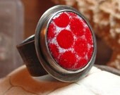 Wide Band Sterling Silver Ring with White and Red Enamel Center Piece