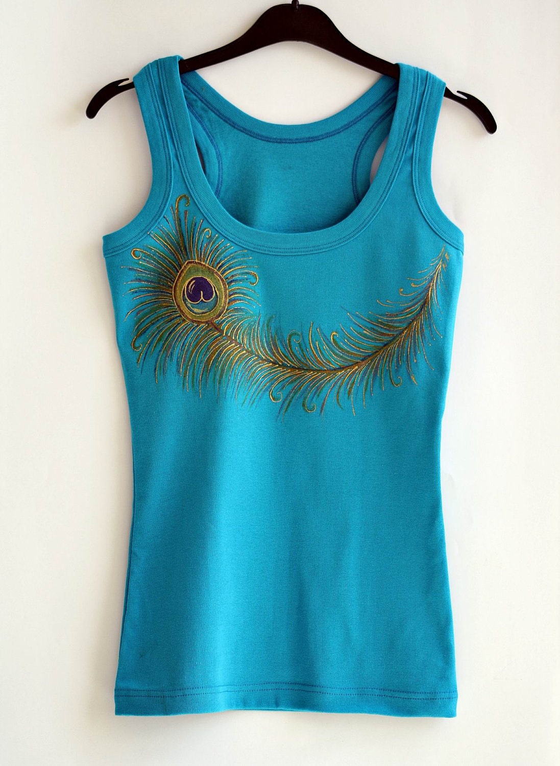 Peacock  Feather  Hand Painted Cotton Turquoise Top - MishMashStore