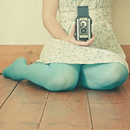 Portrait photograph - Girl and camera, aqua blue and cream - Self 8x8" Print